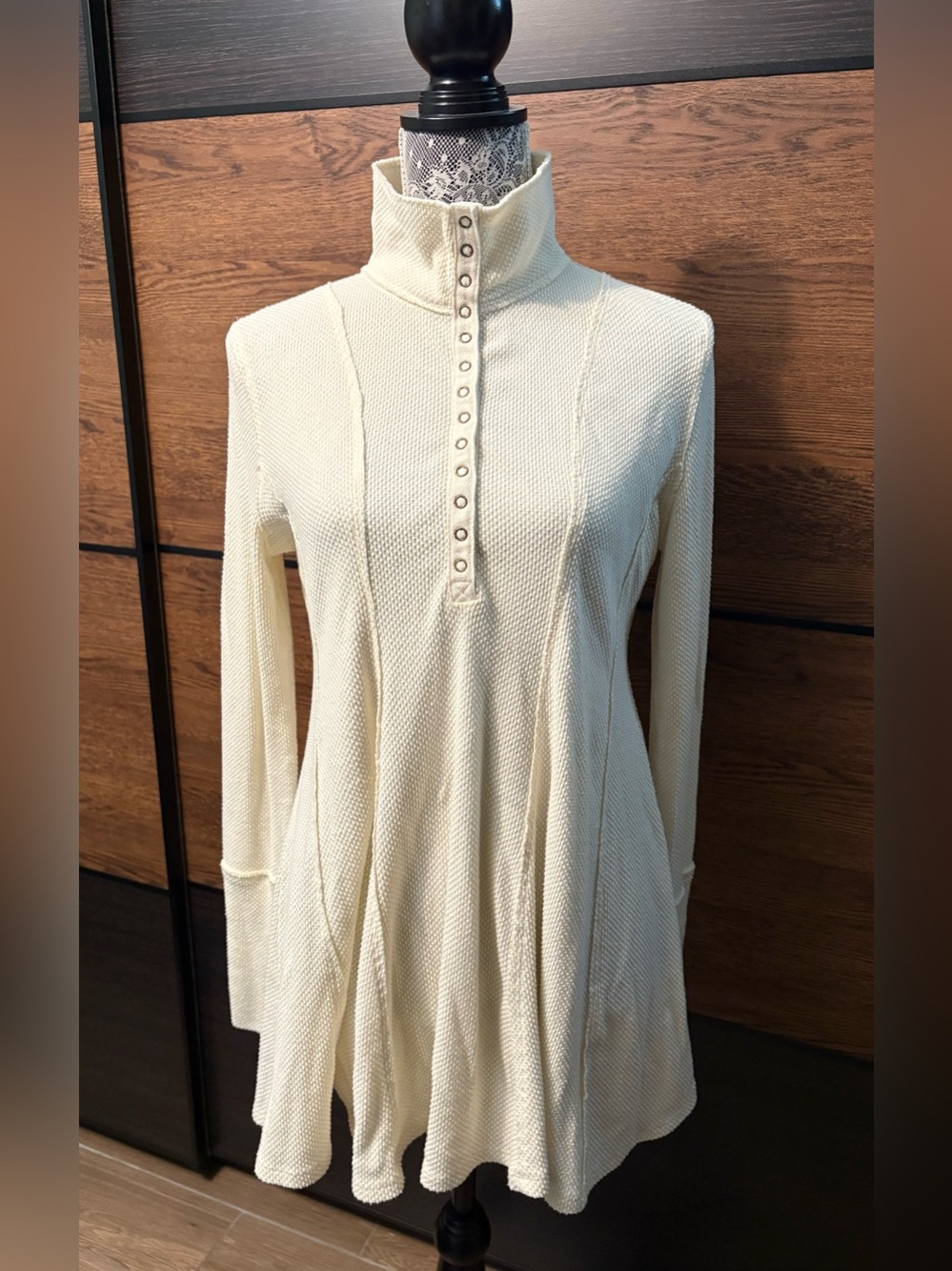 We The Free Cream Button-Front Knit Tunic - High Collar